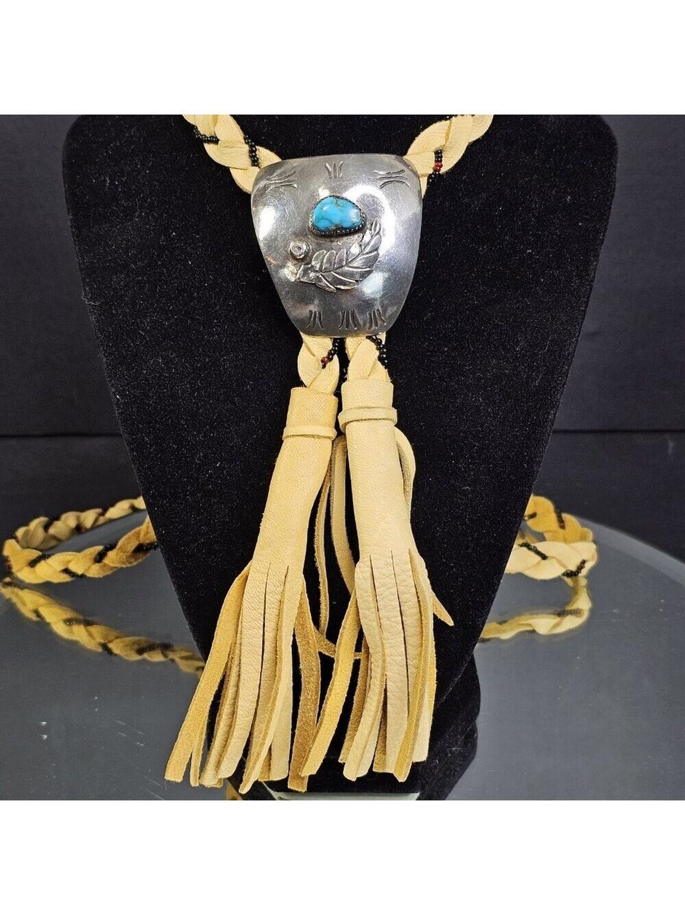 Navajo Turquoise Sterling Silver Bolo Tie With Beaded Leather Native American US
